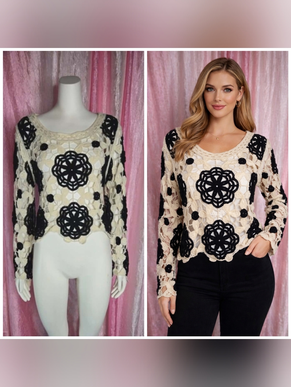 American Flirt Boho Crochet Sheer Floral Cream Bell Sleeves Sweater Size Large